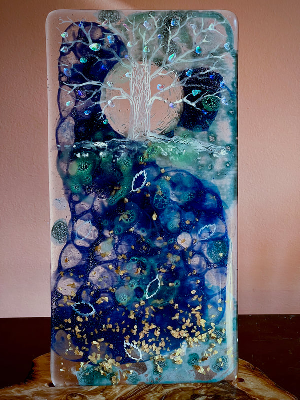 Lisa Coles, glass art, tree, blues